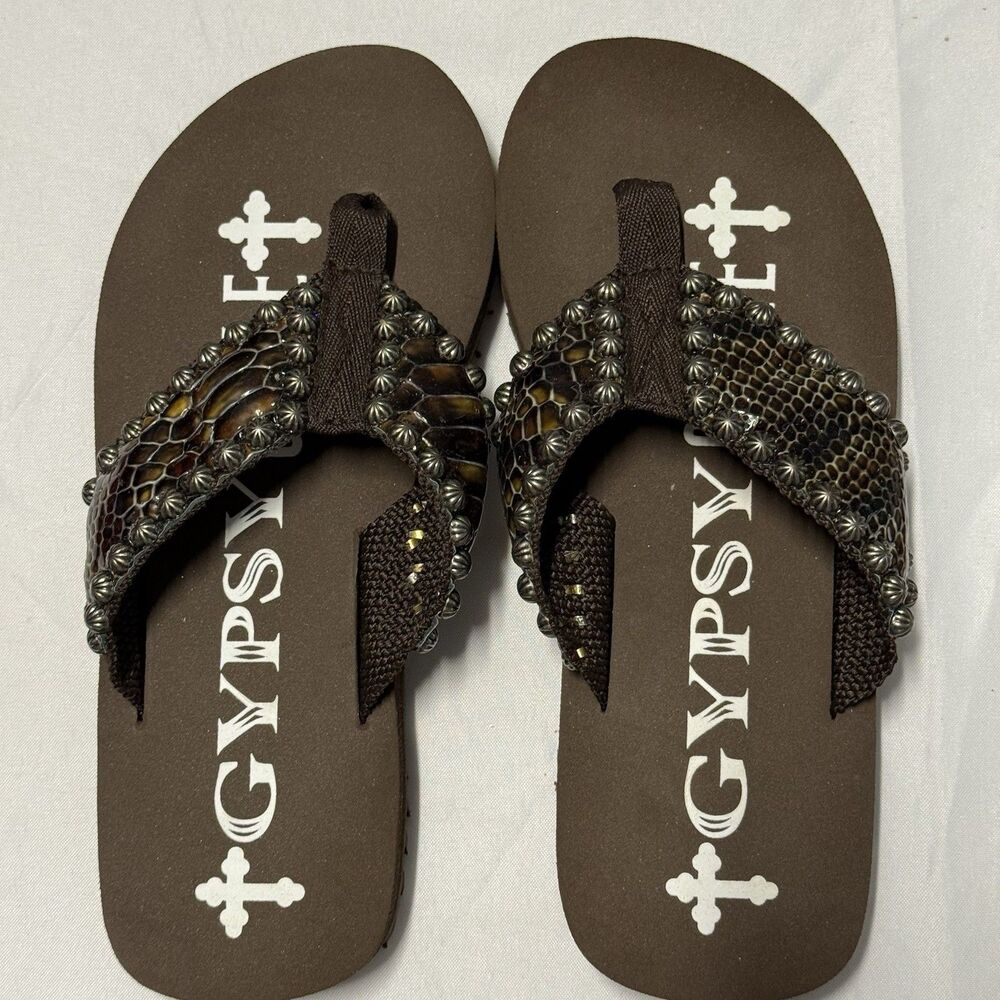 Gypsy Soule Studded Snakeskin Flip Flops Women’s SZ 7 Brown, Western, Sandals - Picture 7 of 16